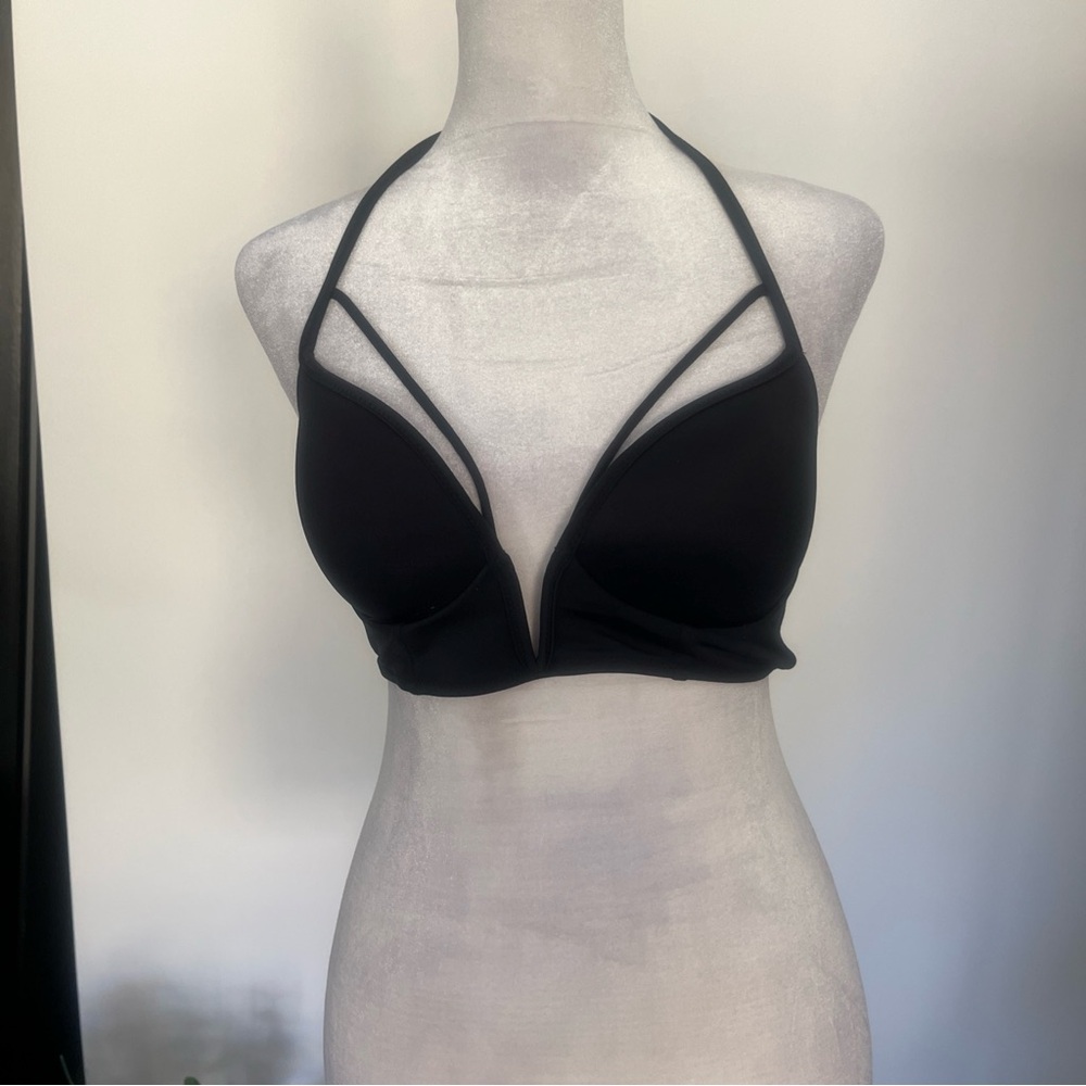 PINK Victoria's Secret Black Strappy Plunge Bikini Top